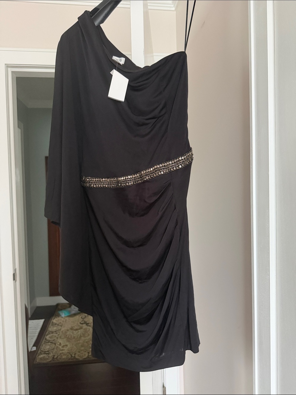 Cache Black One-Shoulder Cocktail Dress with Beaded Waist size 6